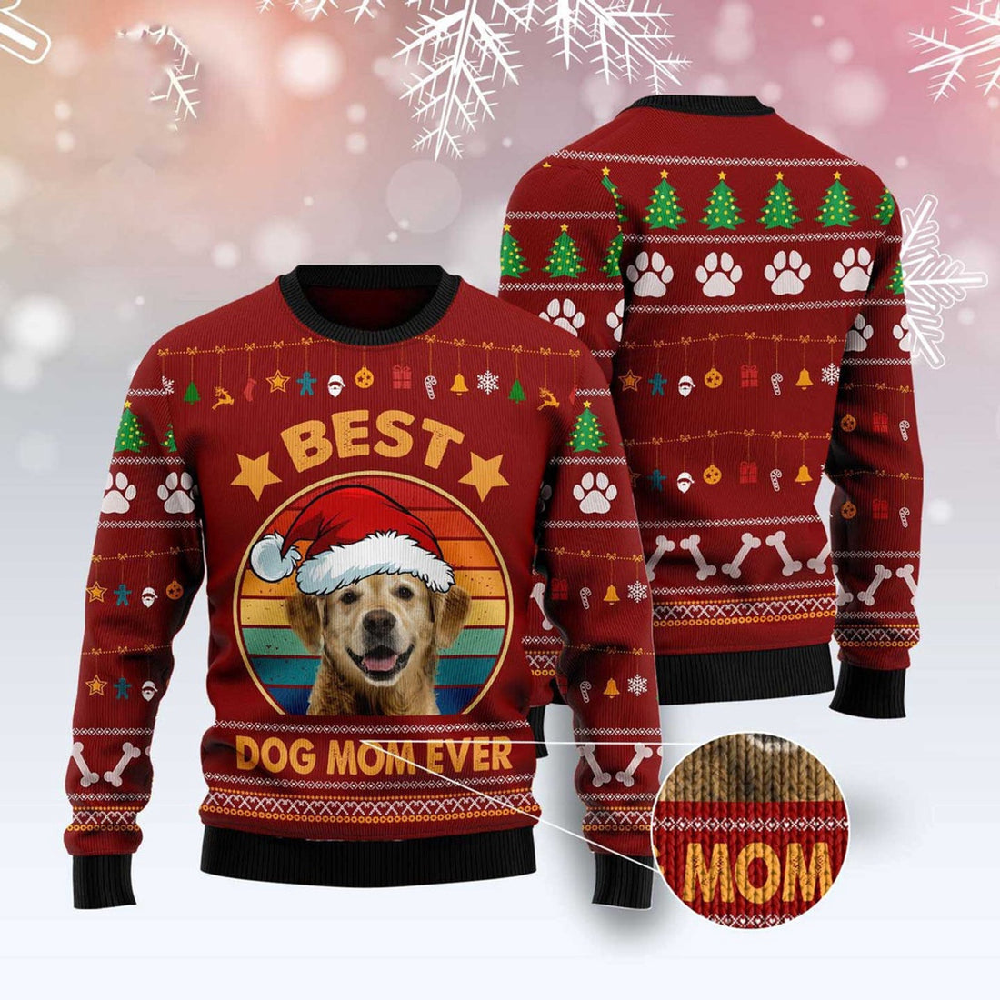 FUNSTUFFPRINT Golden Retriever Best Dog Mom Ever Ugly Christmas Sweater, Dog Ugly Christmas Sweater, Ugly Dog Sweaters Ugly  Sweater