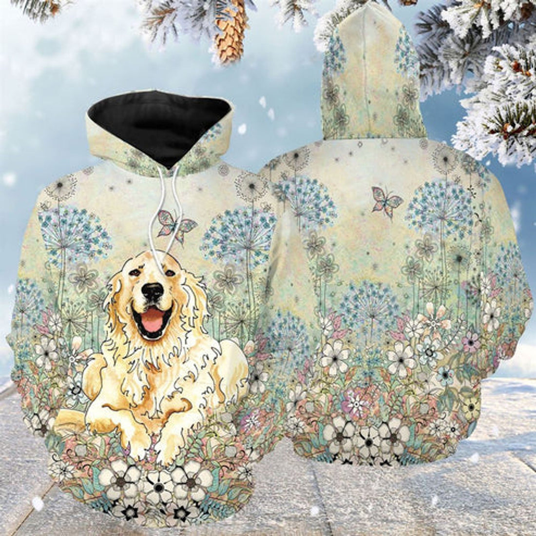 FUNSTUFFPRINT 3D Golden Retriever Flower All Over 3D Hoodie and Zip Hoodie