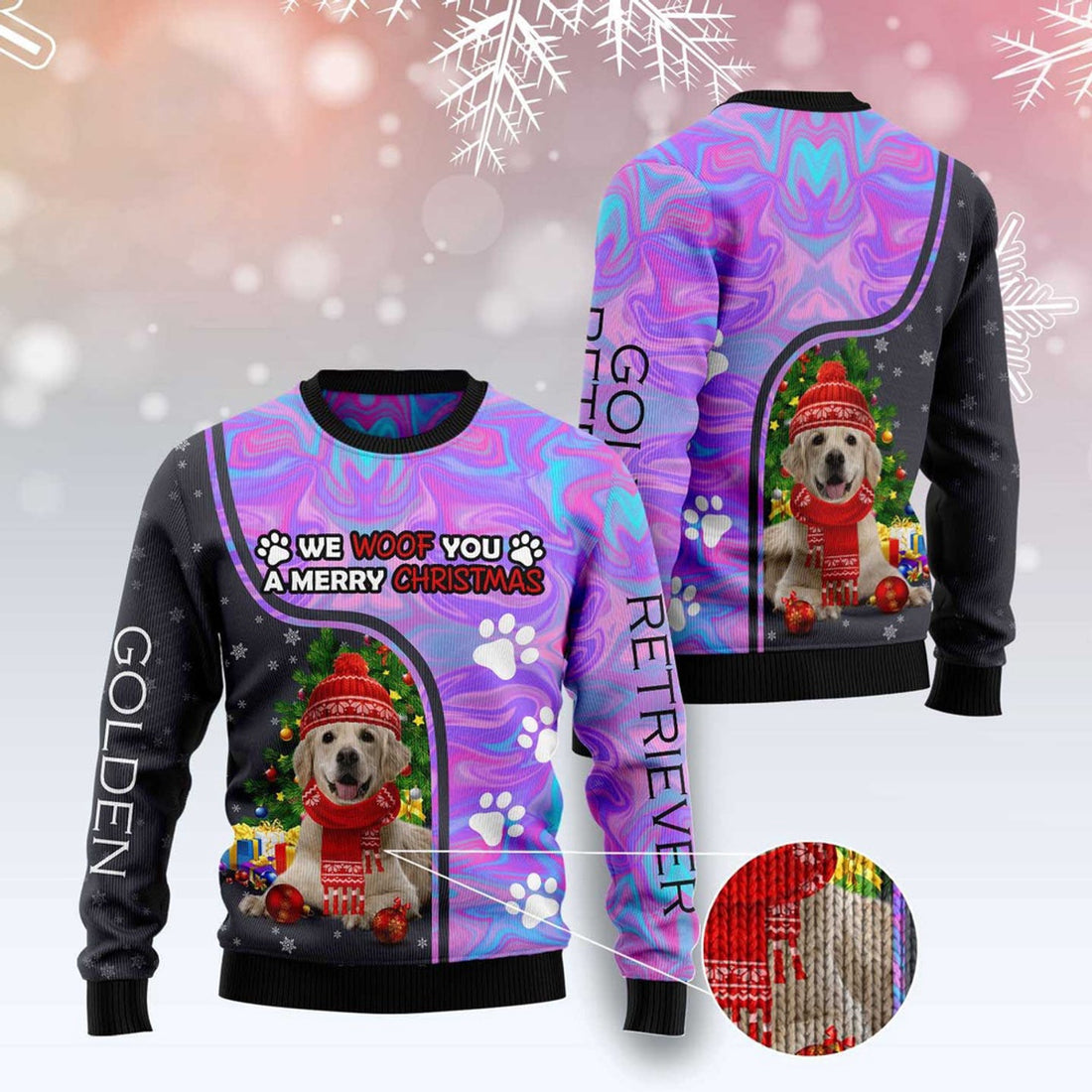 FUNSTUFFPRINT Golden Retriever Hologram Color Ugly Christmas Sweater, Christmas Sweater, Ugly Sweater, Funny Xmas Sweaters Ugly Sweater