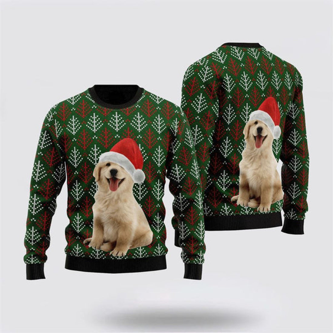 FUNSTUFFPRINT Golden Retriever Puppy Wears Santa Hat Ugly Christmas Sweater For Men And Women, Gift For Christmas, Best Winter Christmas Outfit Ugly Sweater