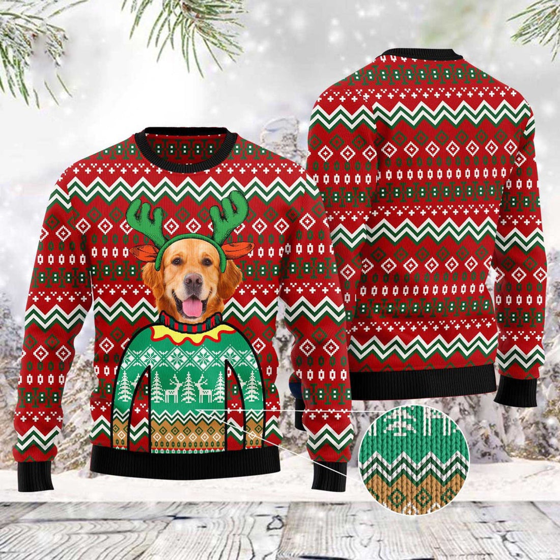 FUNSTUFFPRINT Golden Retriever Reindeer Ugly Christmas Sweater, Christmas Sweater, Ugly Sweater, Funny Xmas Sweaters Ugly Sweater