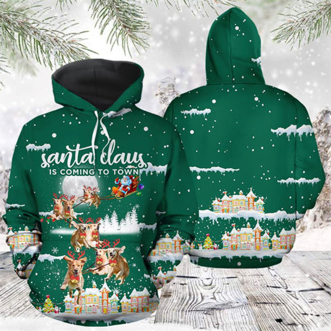 FUNSTUFFPRINT 3D Golden Retriever Santa Is Coming To Town All Over 3D Hoodie and Zip Hoodie