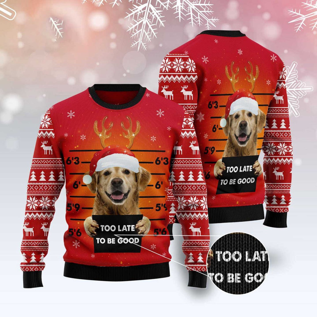 FUNSTUFFPRINT Golden Retriever Too Late To Be Good Ugly Christmas Sweater, Dog Ugly Christmas Sweater, Ugly Dog Sweaters Ugly  Sweater