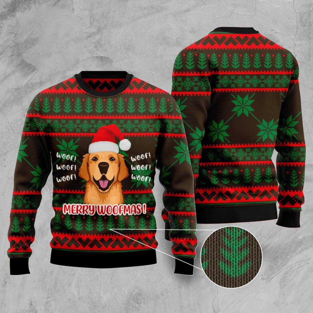 FUNSTUFFPRINT Golden Retriever Woofmas Ugly Christmas Sweater, Christmas Sweater, Ugly Sweater, Funny Xmas Sweaters Ugly Sweater
