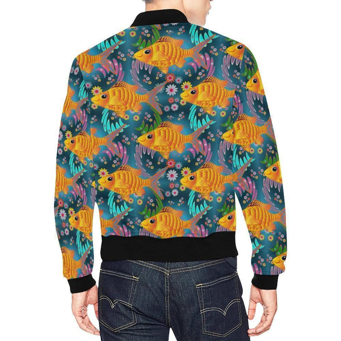 FUNSTUFFPRINT Goldfish Flower Pattern Print Mens 3D Bomber Jacket
