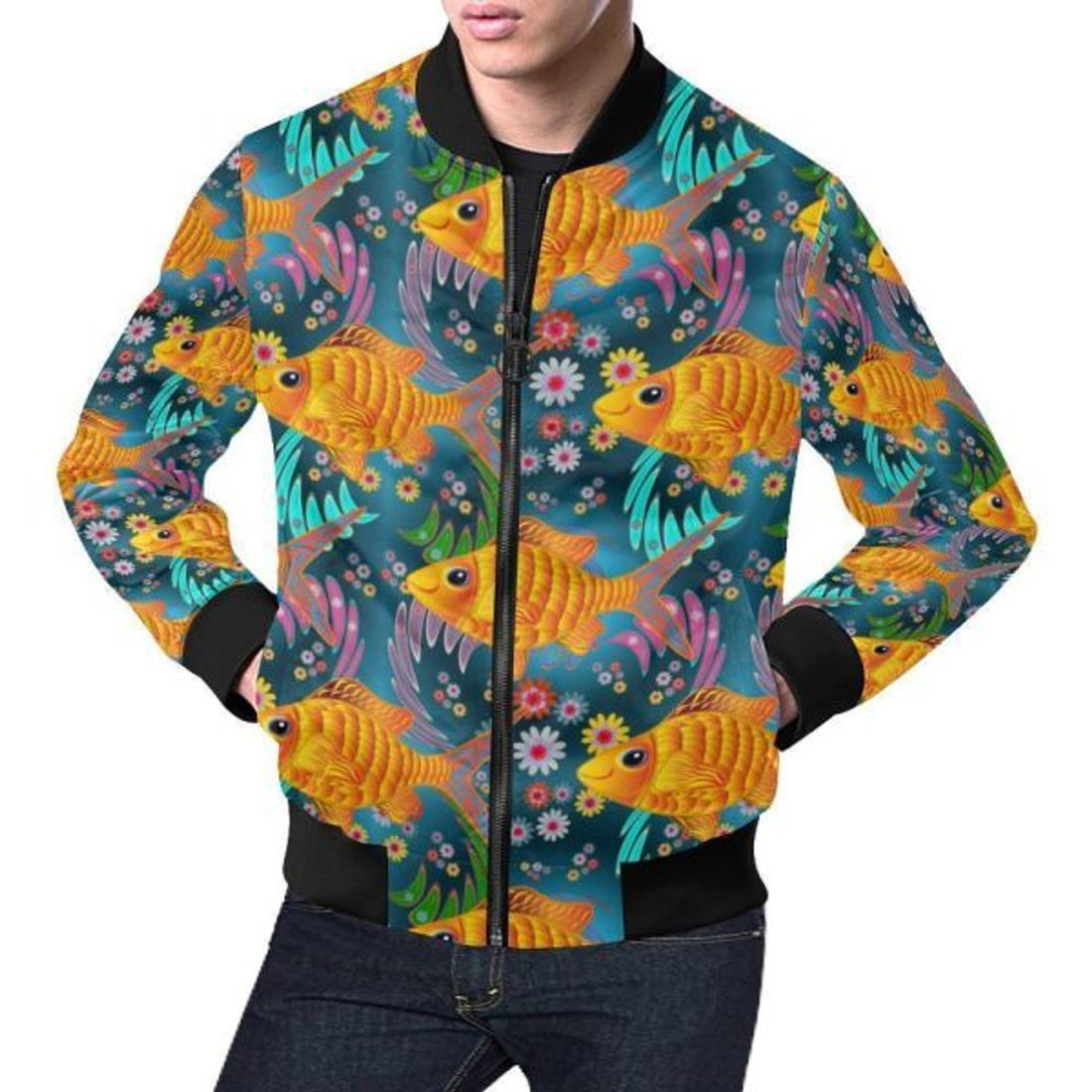 FUNSTUFFPRINT Goldfish Flower Pattern Print Men's 3D Bomber Jacket