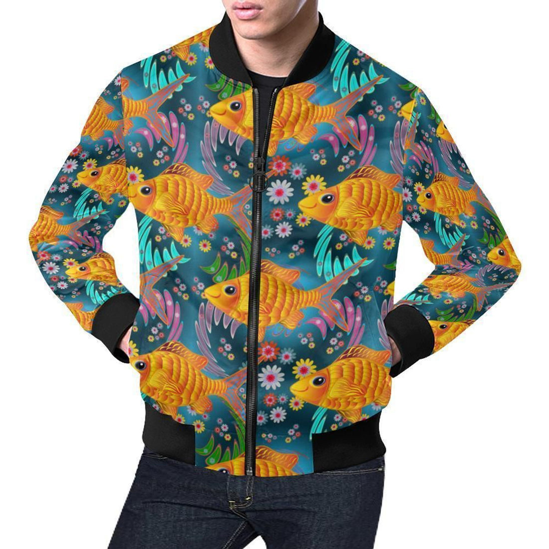 FUNSTUFFPRINT Goldfish Flower Pattern Print Mens 3D Bomber Jacket
