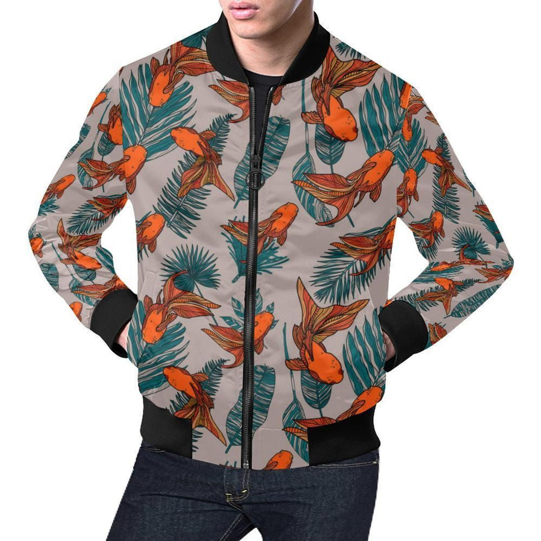 FUNSTUFFPRINT Goldfish Leaf Pattern Print Mens 3D Bomber Jacket