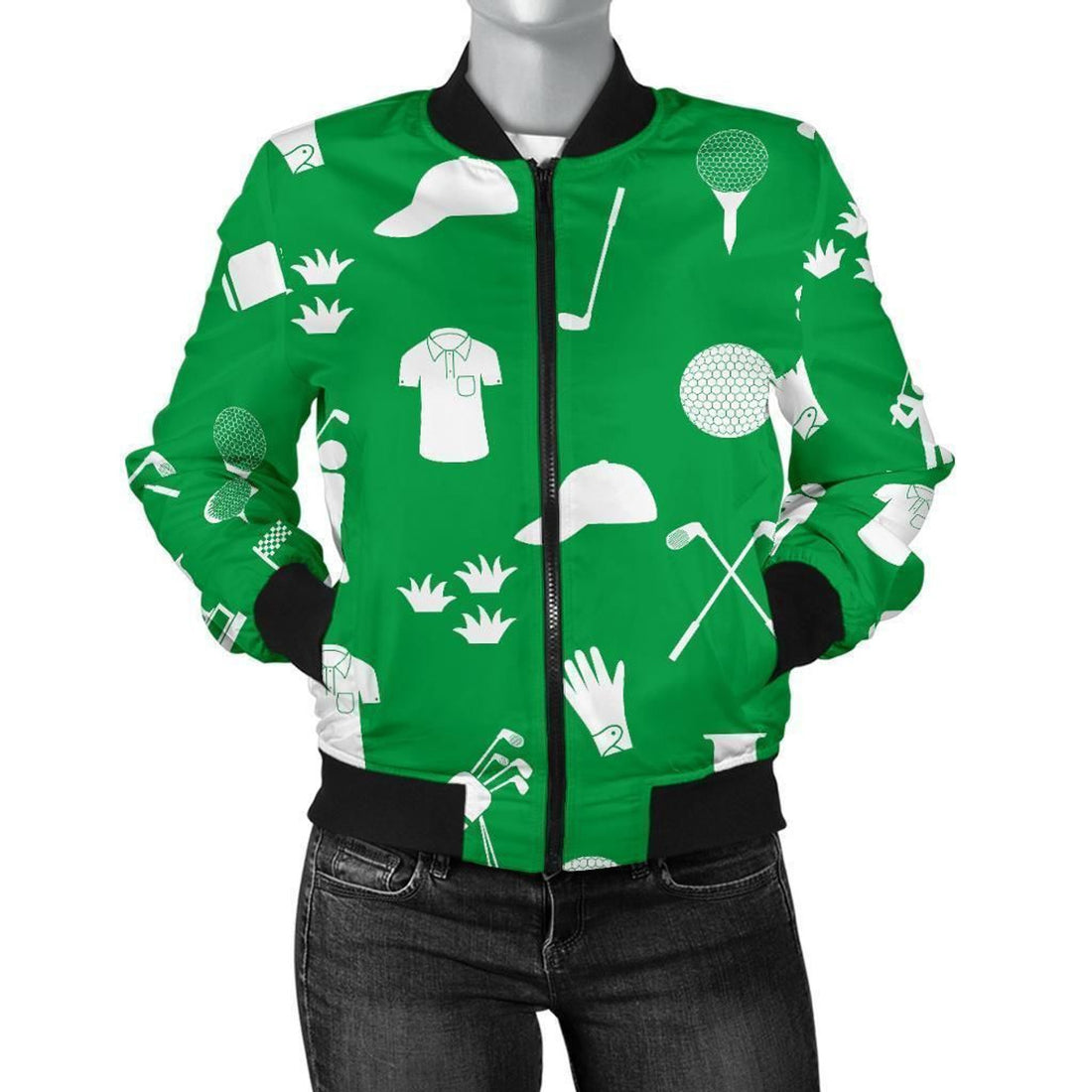 FUNSTUFFPRINT Golf Green Pattern Print Women Casual 3D Bomber Jacket