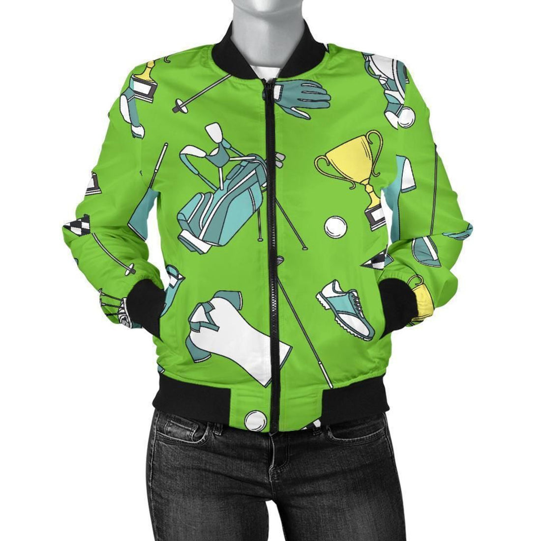FUNSTUFFPRINT Golf Green Print Pattern Women Casual 3D Bomber Jacket