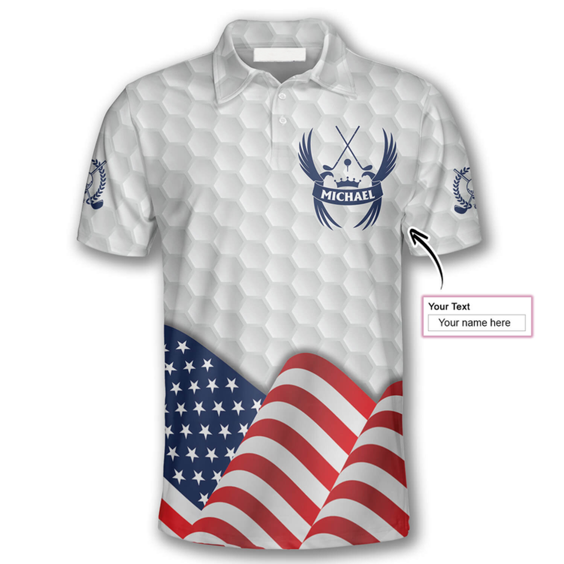 Custom Eagle Waving Flag White Version Custom Golf Polo Shirts for Men