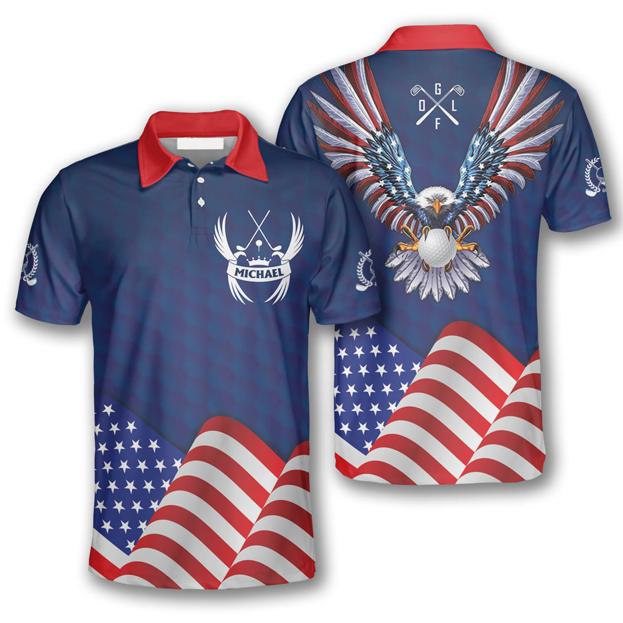 Custom Patriotic American Flag Eagle Sports Style Custom Golf Polo Shirts for Men