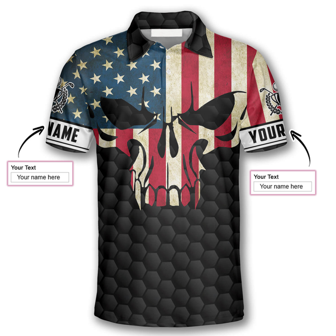 Custom Golf Skull American Flag Custom Golf Polo Shirts for Men