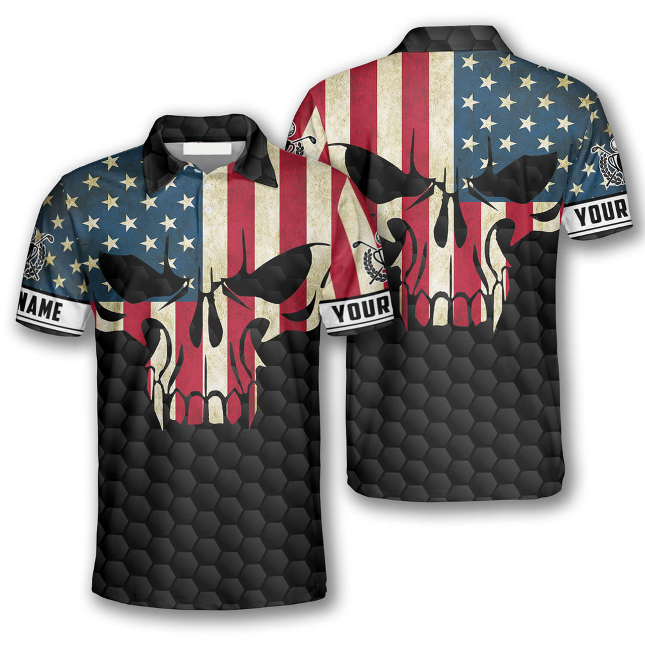 Custom Golf Skull American Flag Custom Golf Polo Shirts for Men