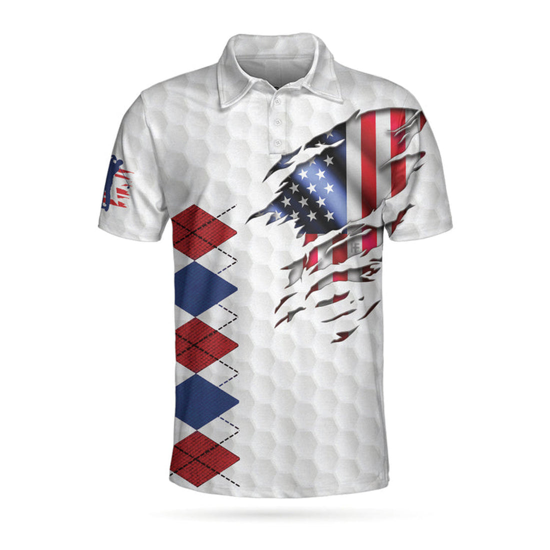 Golf American Flag Argyle Polo Shirt, White Golf Texture American Flag Polo Shirt, Patriotic Golf Shirt For Men