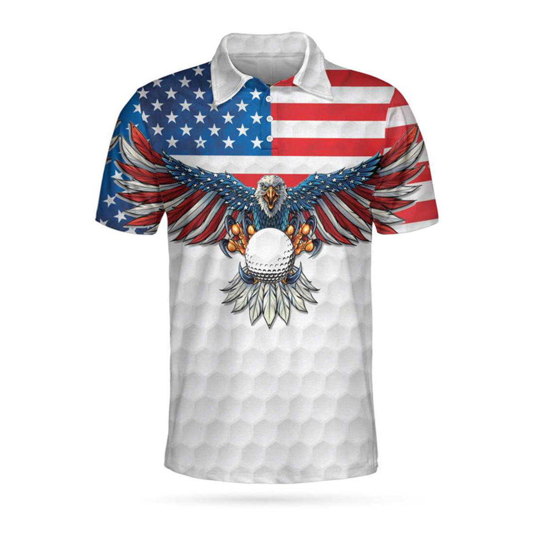 3D All Over Print Golf American Flag Eagle Wings Men Polo Shirt, White Golf Pattern And Golf Ball Polo Shirt