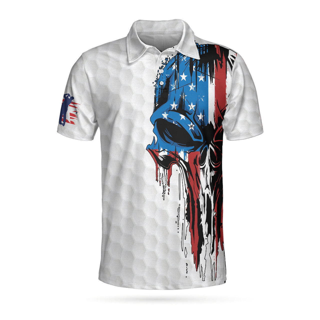 Patriot White Golf Pattern Wet Paint Skull Men Polo Shirt, Golf American Flag Polo Shirt, Patriotic Golf Shirt For Men, Best Gift For Golfers
