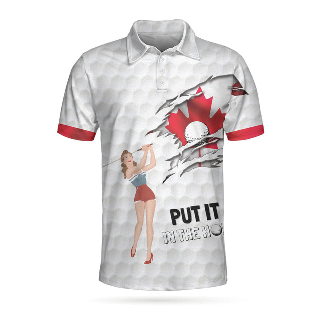 Golf Canada Flag Pin Up Girl Polo Shirt, Canadian Golf Shirt For Men