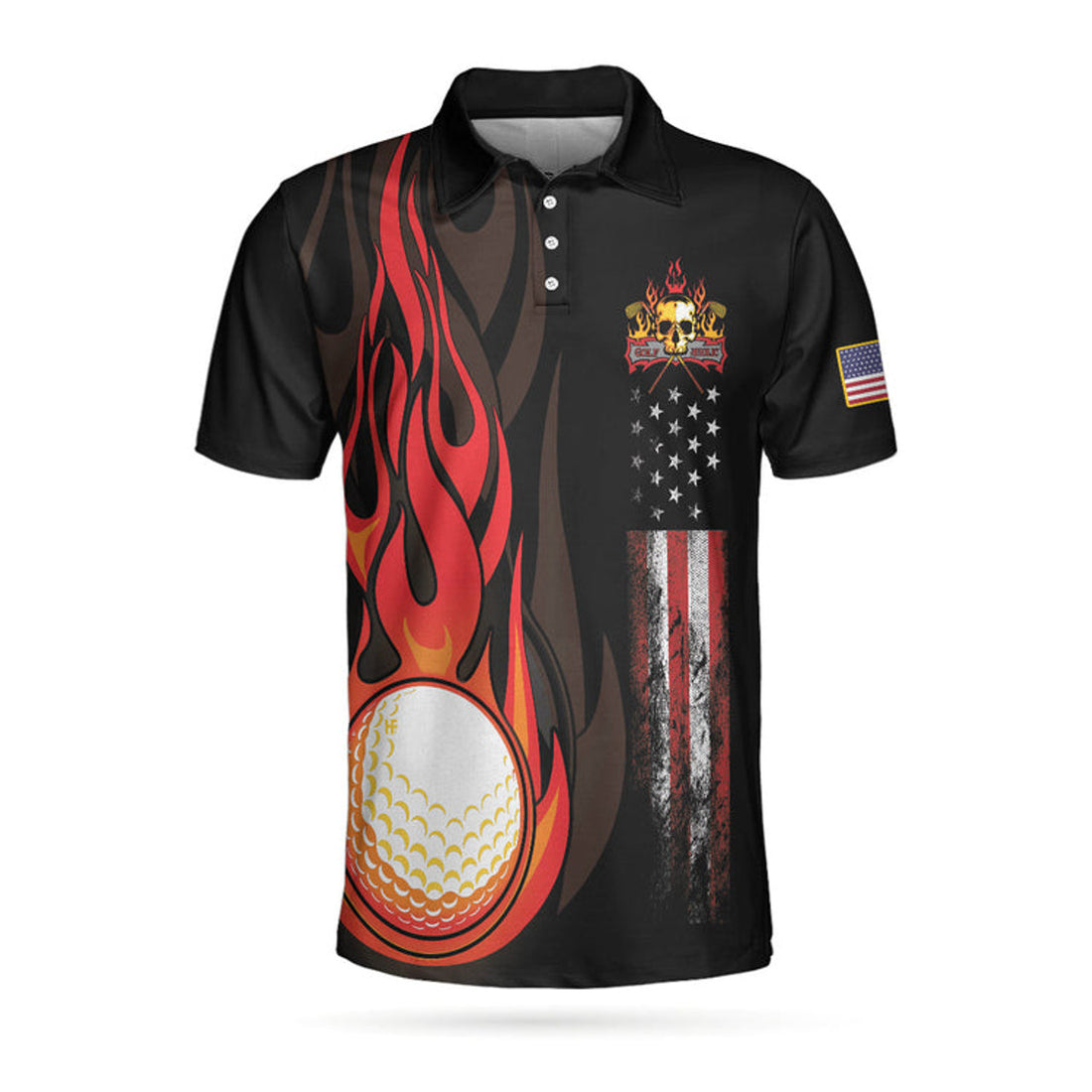 Golf Flame Skull Short Sleeve Golf Polo Shirt, Black American Flag Golf Shirt For Men, Cool Gift For Golfers