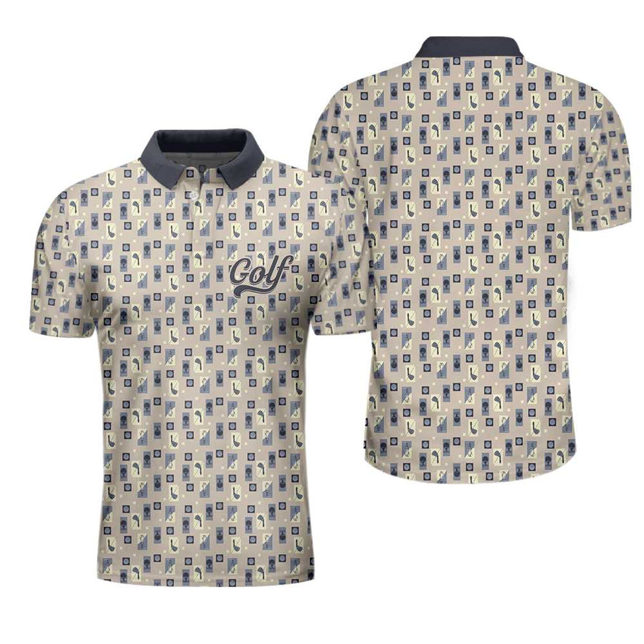 Golf Objects Pattern Short Sleeve Polo Shirt, Golf Tee And Club Polo Shirt, Best Golf Shirt For Men