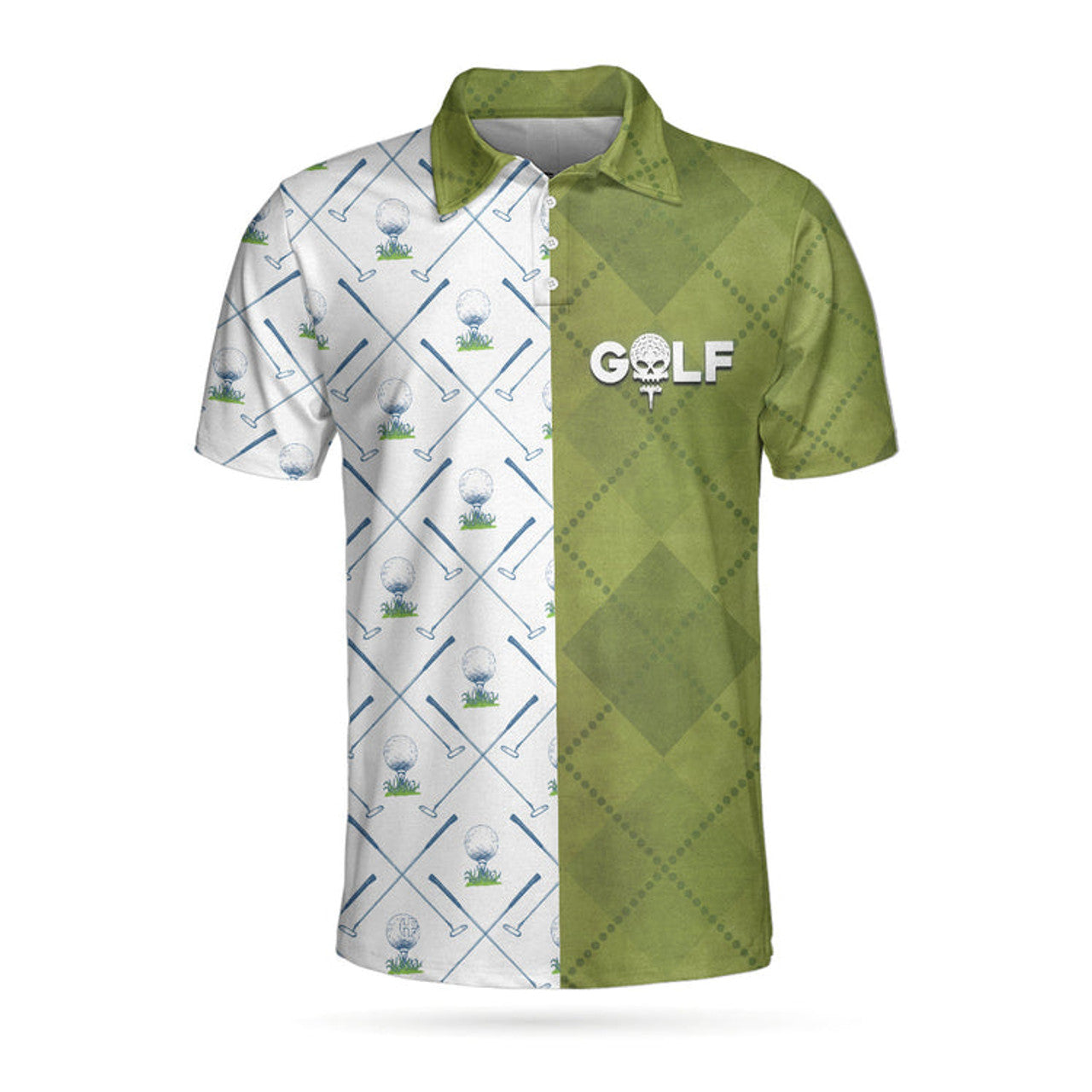 Golf Pattern Green And White Polo Shirt, Golf Club Argyle Pattern Skull Polo Shirt, Best Golf Shirt For Men