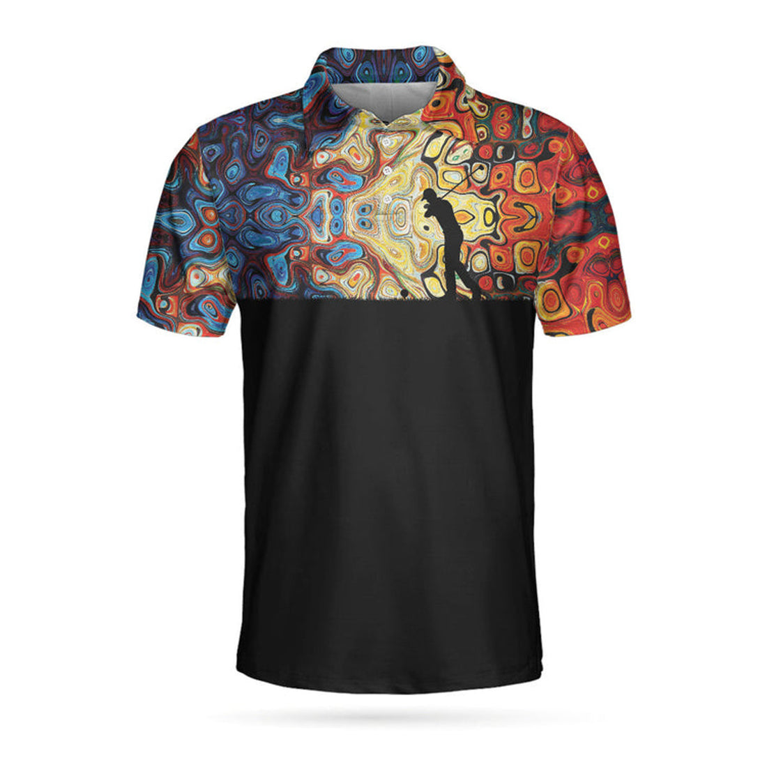 Golf Silhouette With Sky Wavy Abstract Seamless Pattern Polo Shirt, Black Golf Shirt For Men
