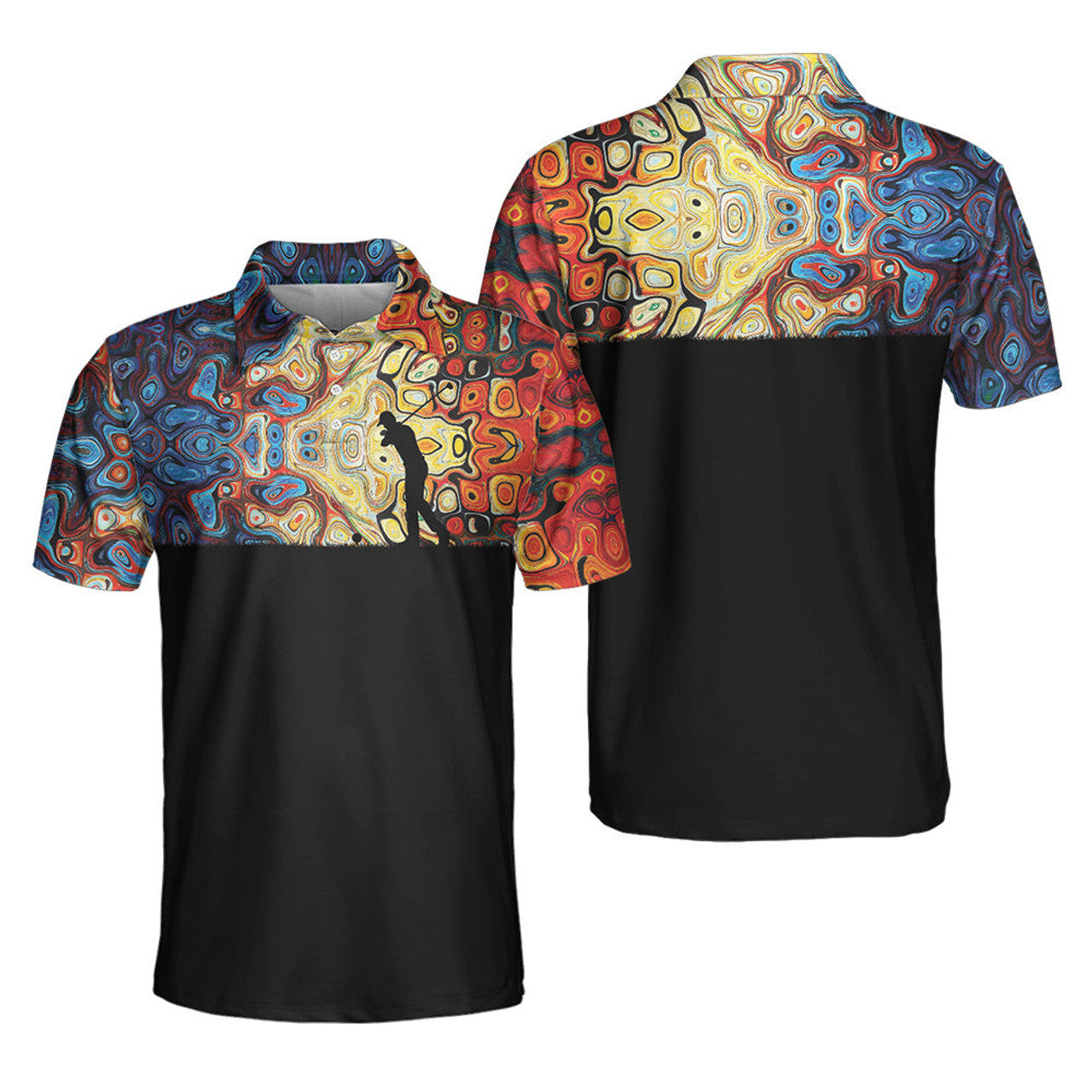 Golf Silhouette With Sky Wavy Abstract Seamless Pattern Polo Shirt, Black Golf Shirt For Men