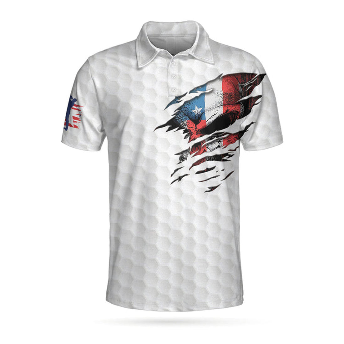Golf Skull American Flag Short Sleeve Polo Shirt, White Golf Pattern Polo Shirt, Patriotic Golf Shirt For Men