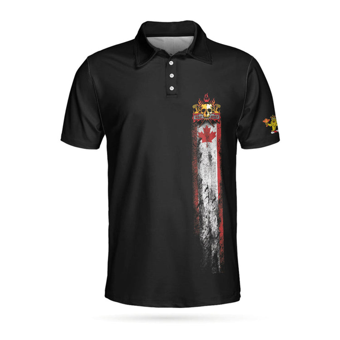 Golf Skull Canada Flag Short Sleeve Polo Shirt, Black Wet Paint Skull Polo Shirt, Canadian Golf Shirt For Men