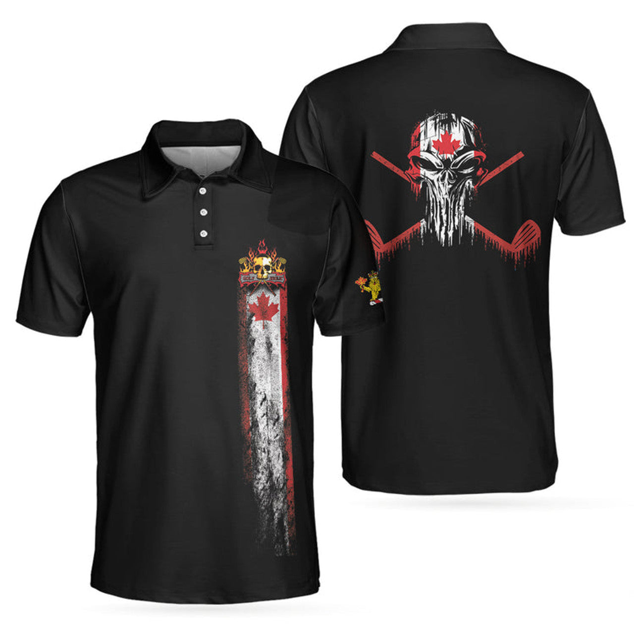 Golf Skull Canada Flag Short Sleeve Polo Shirt, Black Wet Paint Skull Polo Shirt, Canadian Golf Shirt For Men