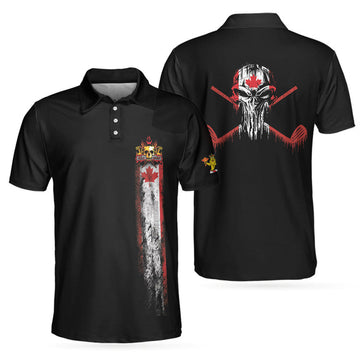 Golf Skull Canada Flag Short Sleeve Polo Shirt, Black Wet Paint Skull Polo Shirt, Canadian Golf Shirt For Men