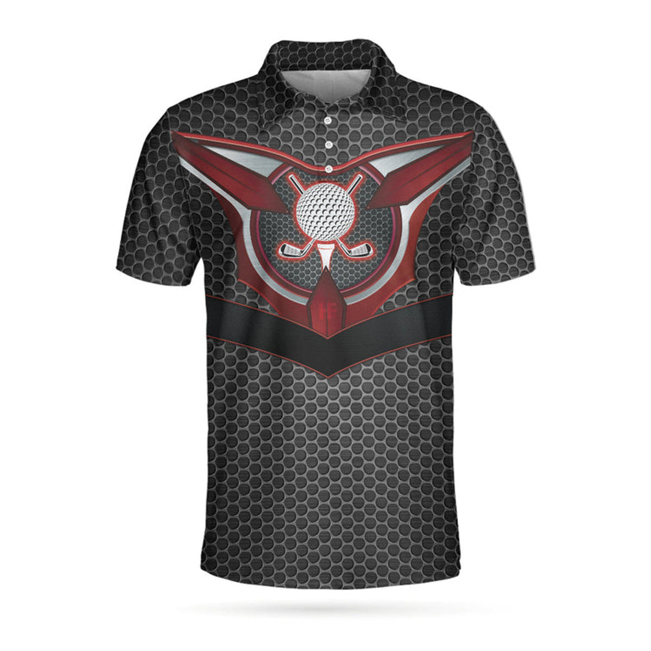 Golf Tech Style Polo Shirt, Black Steel Hornet Nest Pattern Polo Shirt, Best Golf Shirt For Men
