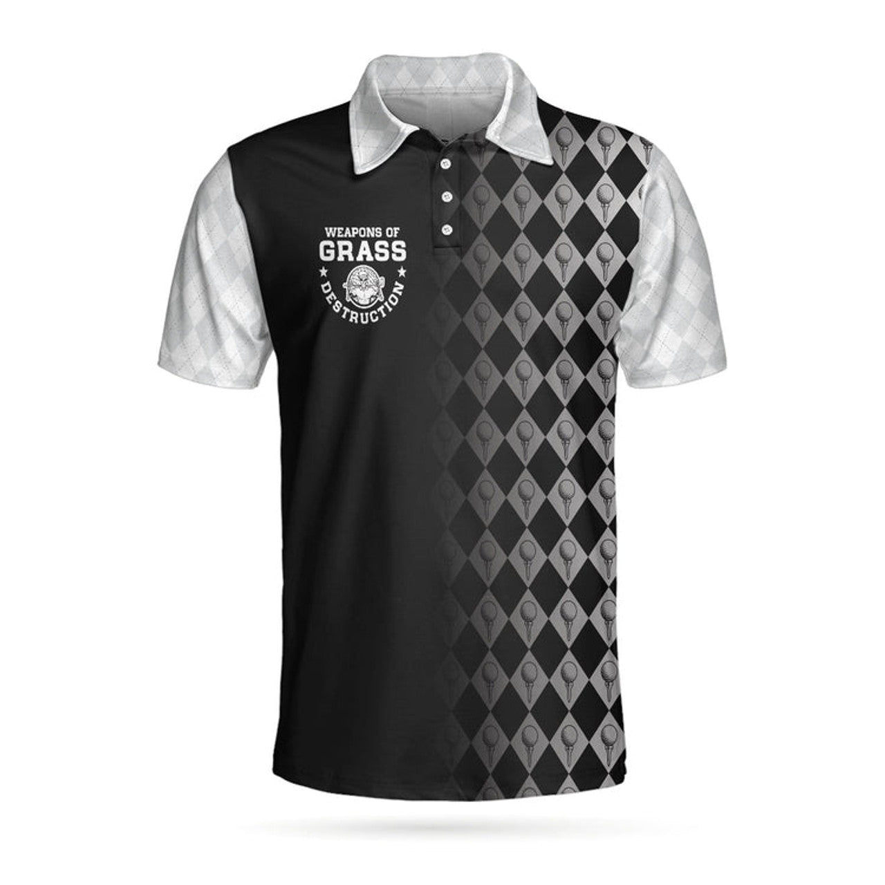 Golf Weapons Of Grass Destruction Short Sleeve Polo Shirt, Black And White Golf Shirt For Men