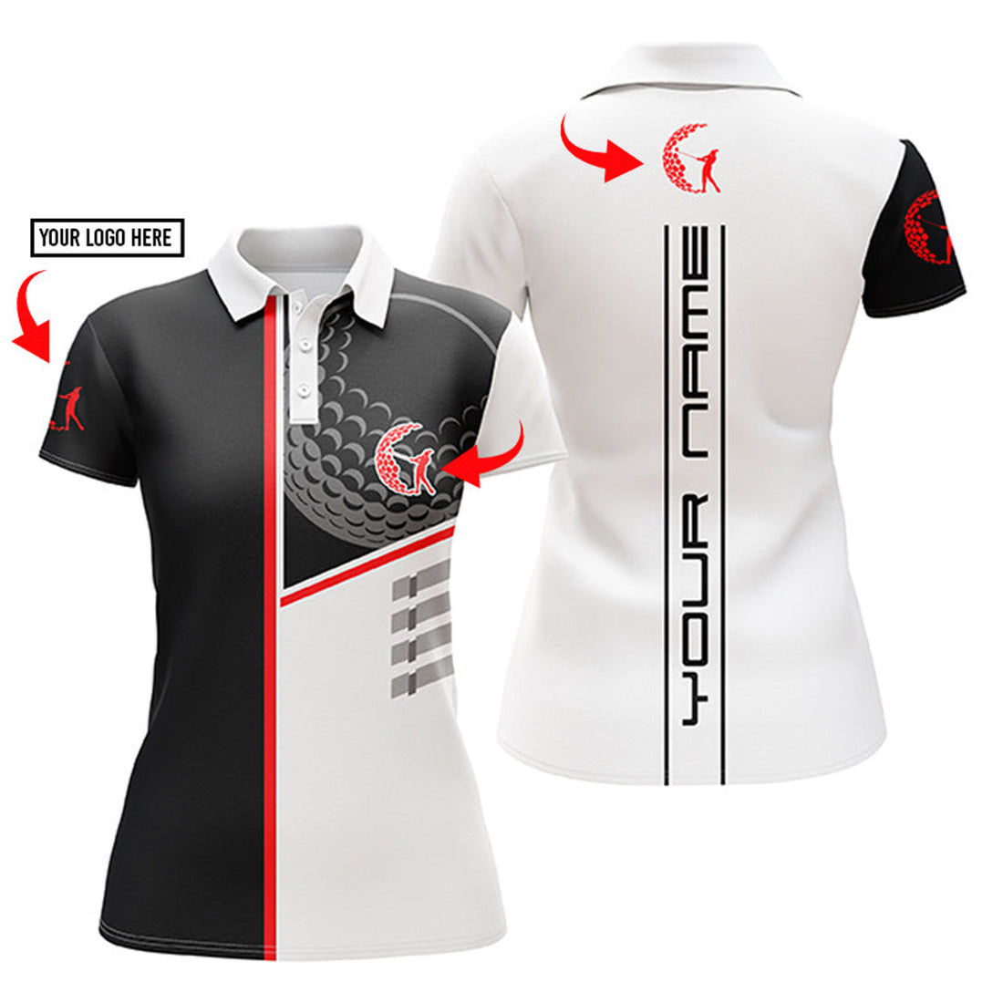 Custom Golf Club Custom Name And Logo Black & White Womens Golf Polo Shirts Personalized Golf Gift