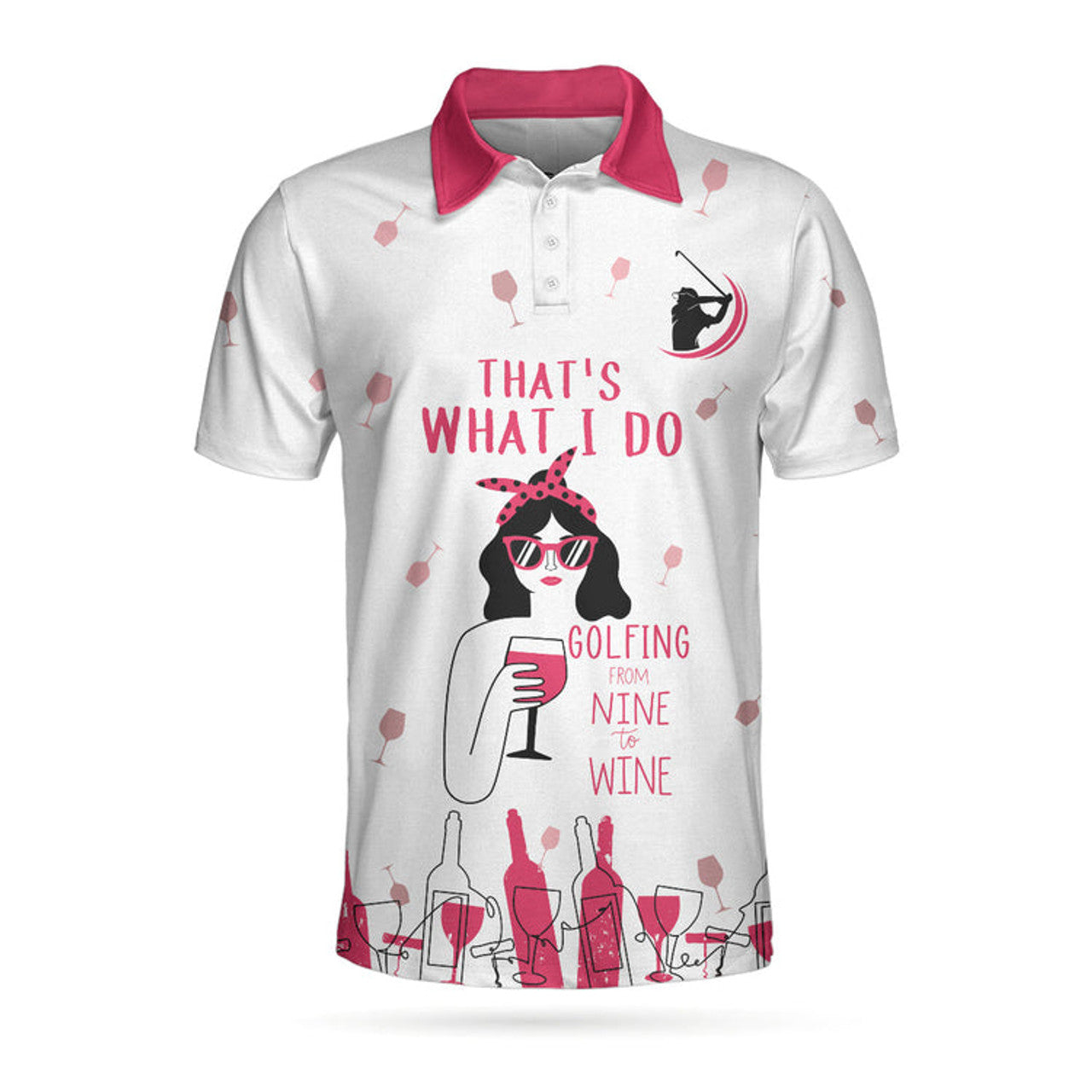 Golfing From Nine To Wine Short Sleeve Polo Shirt, Pink Polo Shirt For Men