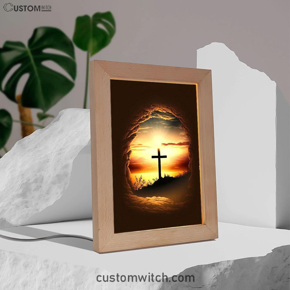Good Friday Cross Golden Sunset Sky Frame Lamp Prints - Religious Frame Lamp Art - Christian Decor