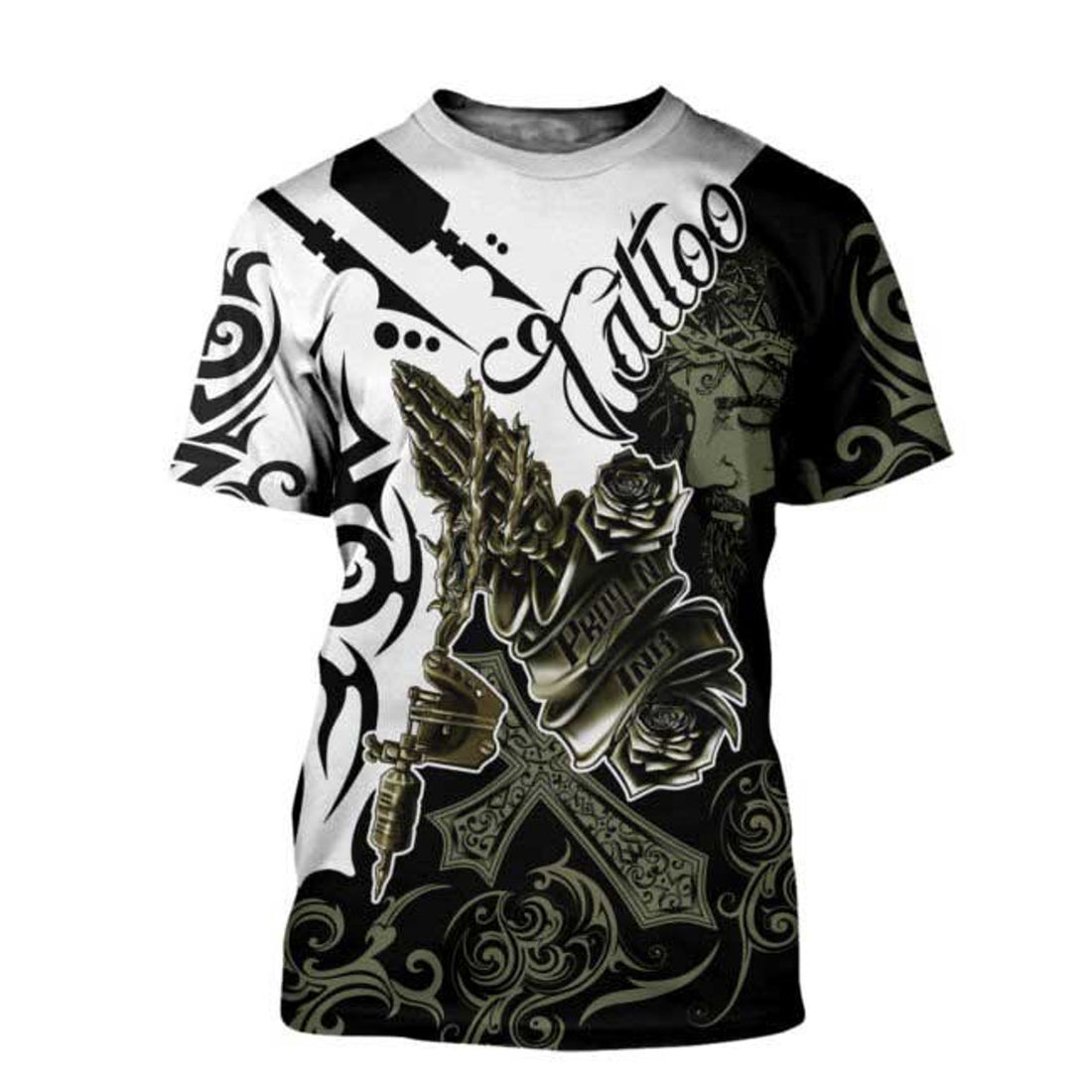 FUNSTUFFPRINT Love Tattoo And Jesus 3D All Over Printed Shirts, Tattoo, Sublimation Tattoo 3D T-shirt