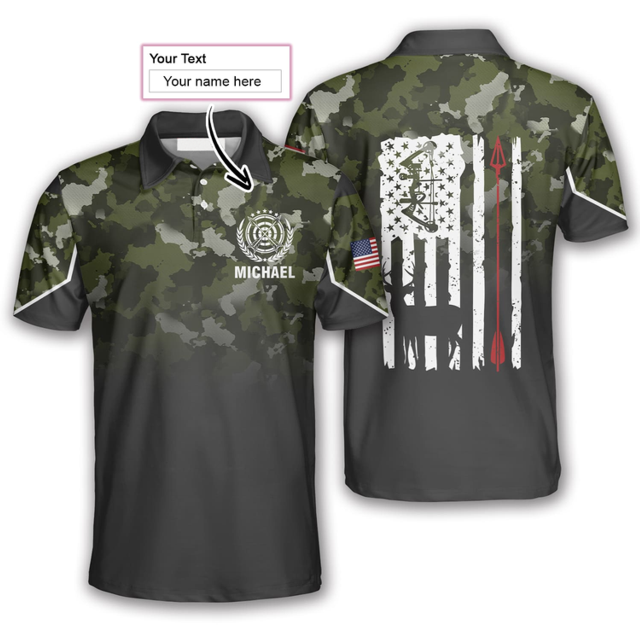 Custom 3D All Over Print Gradient Camo American Flag Custom Archery Polo Shirts for Men