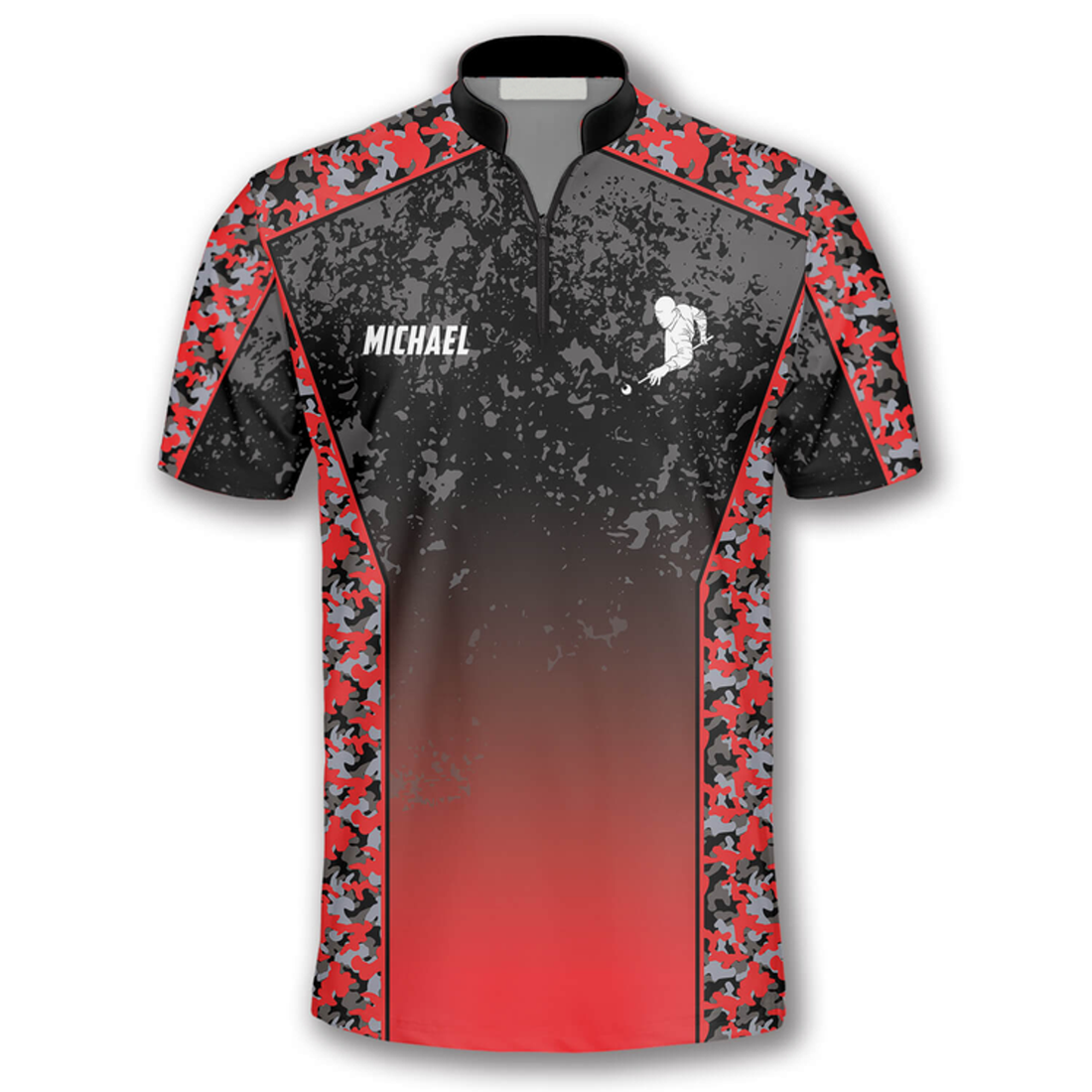 Custom Gradient Red Camouflage Custom Billiard Jerseys for Men, Zipper Polo Shirt Billiard Pattern