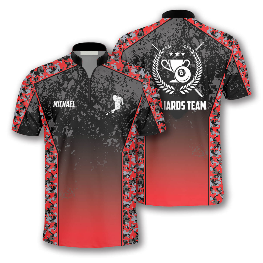 Custom Gradient Red Camouflage Custom Billiard Jerseys for Men, Zipper Polo Shirt Billiard Pattern