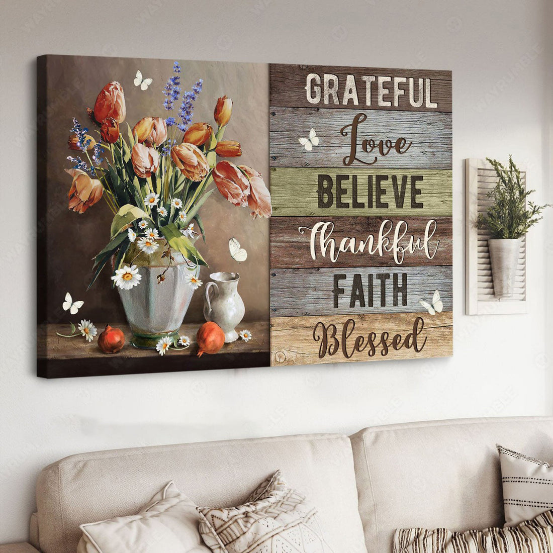 Grateful Love Believe Thankful Faith Blessed, Butterfly Flower Poster and Canvas