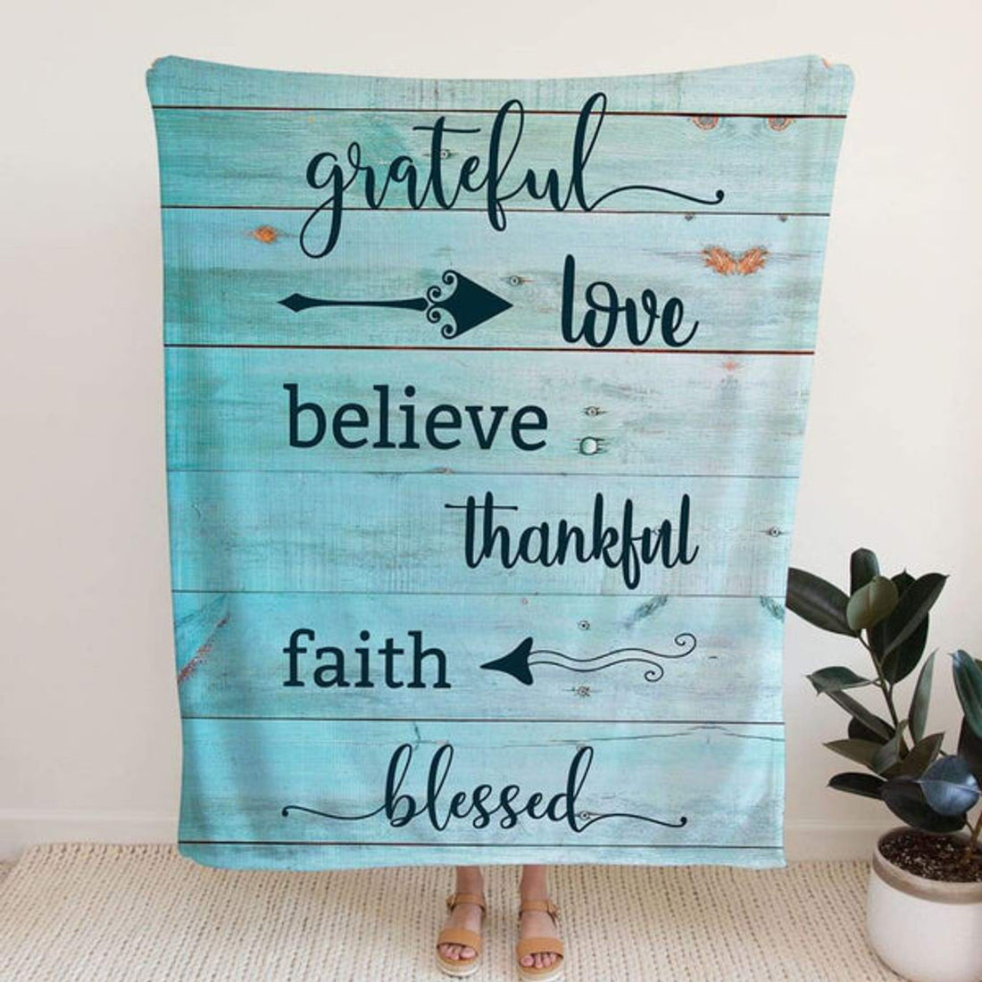 FUNSTUFFPRINT Grateful Love Believe Thankful Faith Blessed Fleece Blanket - Christian Blanket - Bible Verse Blanket