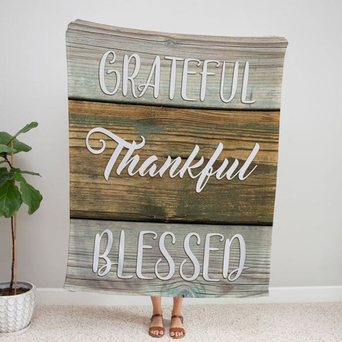 FUNSTUFFPRINT Grateful Thankful Blessed Fleece Blanket - Christian Blanket - Bible Verse Blanket