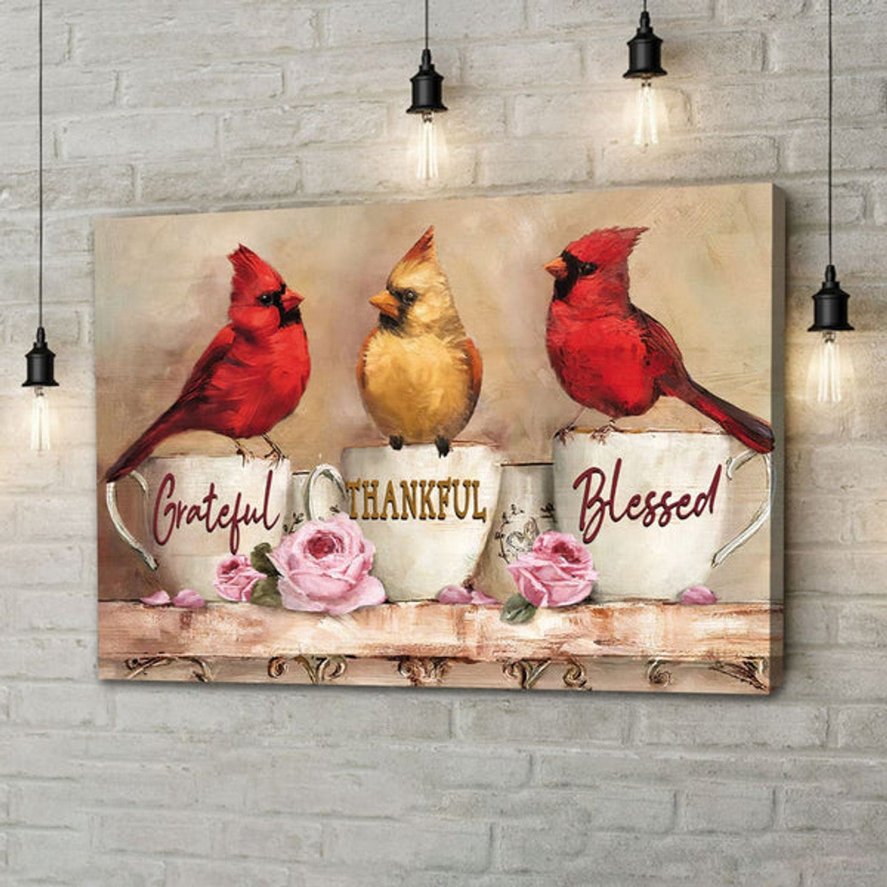 Grateful Thankful Blessed Wall Art Canvas, Cardinal Christian Wall Decor, Christian Gifts - Religious Wall Decor