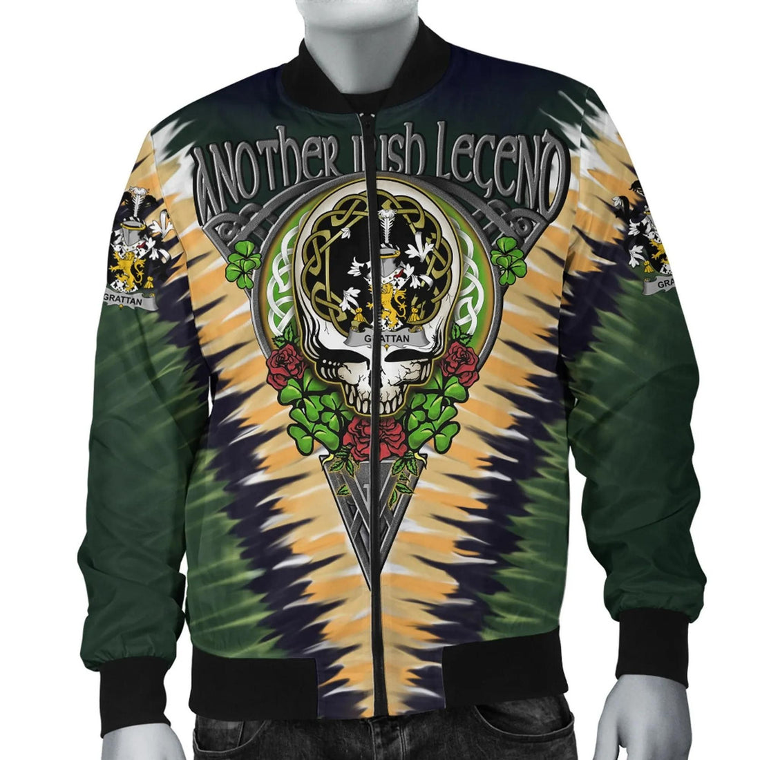 FUNSTUFFPRINT Grattan or McGrattan Ireland Bomber Jacket - GD Irish Legend Shamrock V Tie-Dye 3D Bomber Jacket