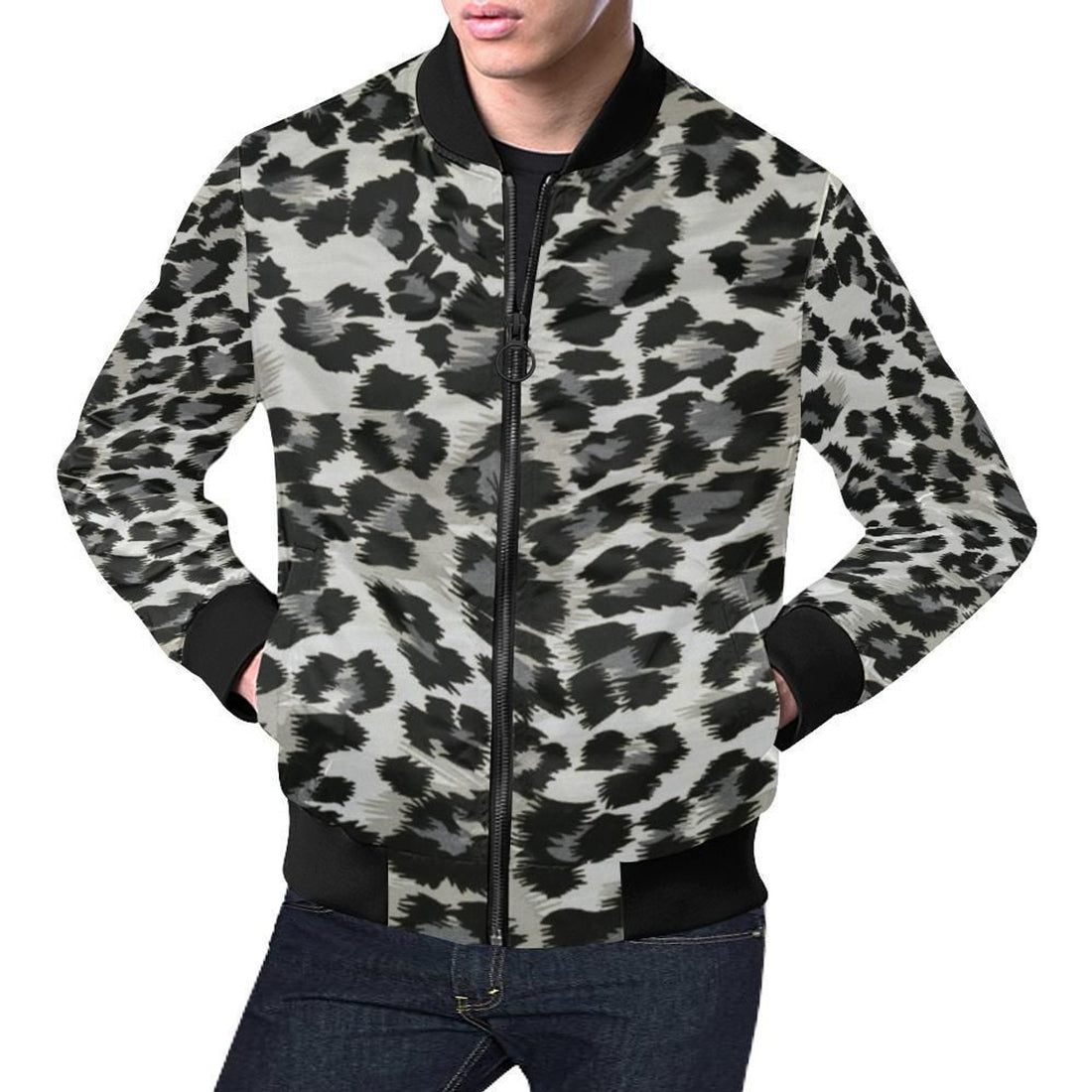 FUNSTUFFPRINT Gray Cheetah Leopard Pattern Print Mens 3D Bomber Jacket