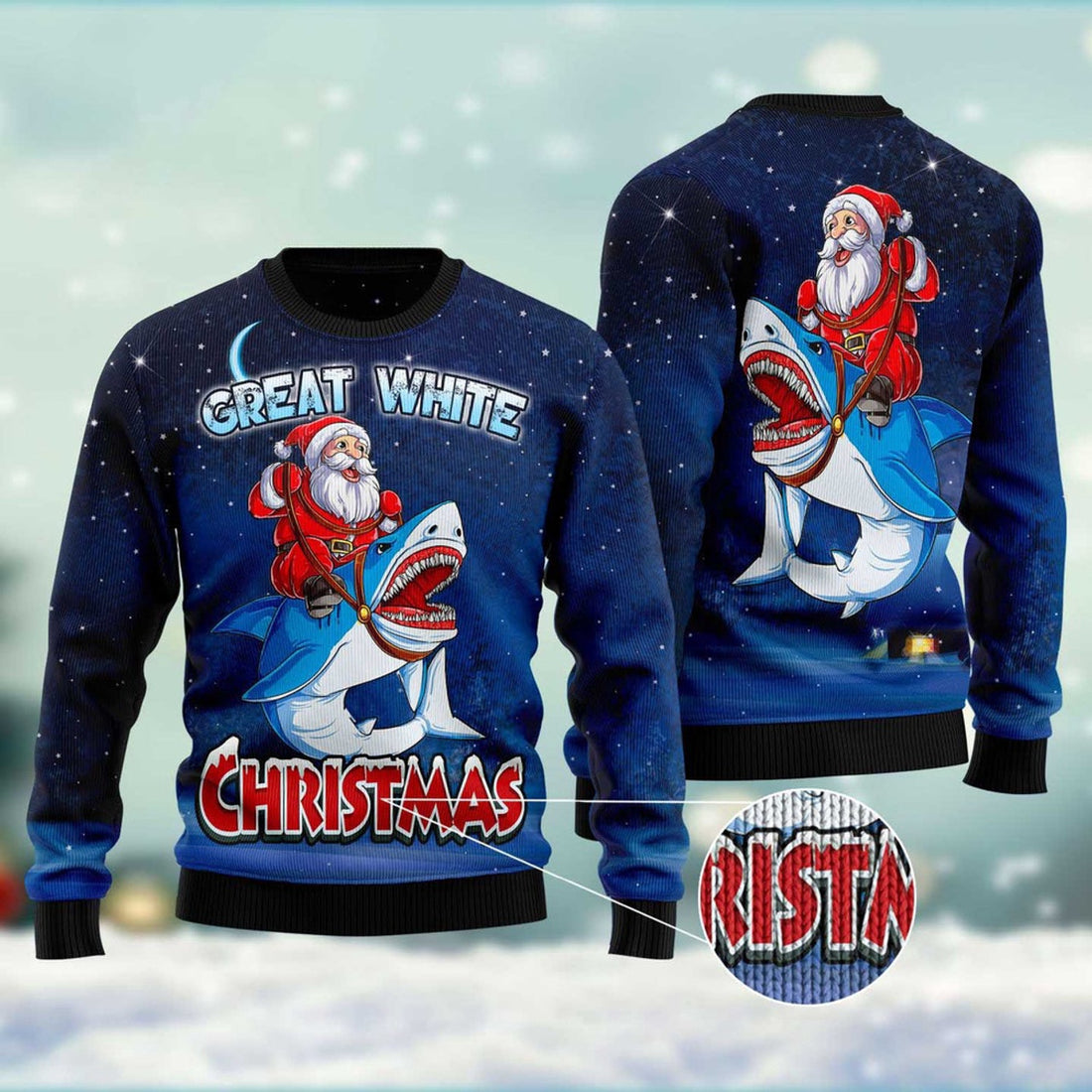 FUNSTUFFPRINT Great White Christmas Shark Ugly Christmas Sweater, Christmas Sweater, Ugly Sweater, Funny Xmas Sweaters Ugly Sweater