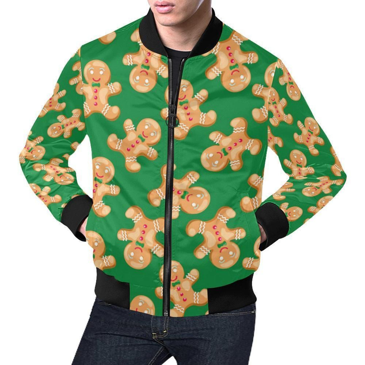 FUNSTUFFPRINT Green Gingerbread Man Chirstmas Pattern Print Mens 3D Bomber Jacket