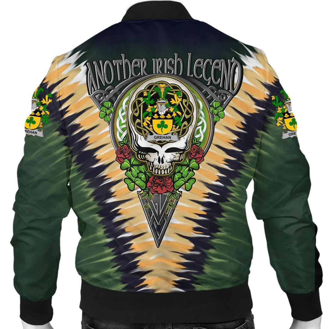 FUNSTUFFPRINT Grehan or O'Greaghan Ireland Bomber Jacket - GD Irish Legend Shamrock V Tie-Dye 3D Bomber Jacket