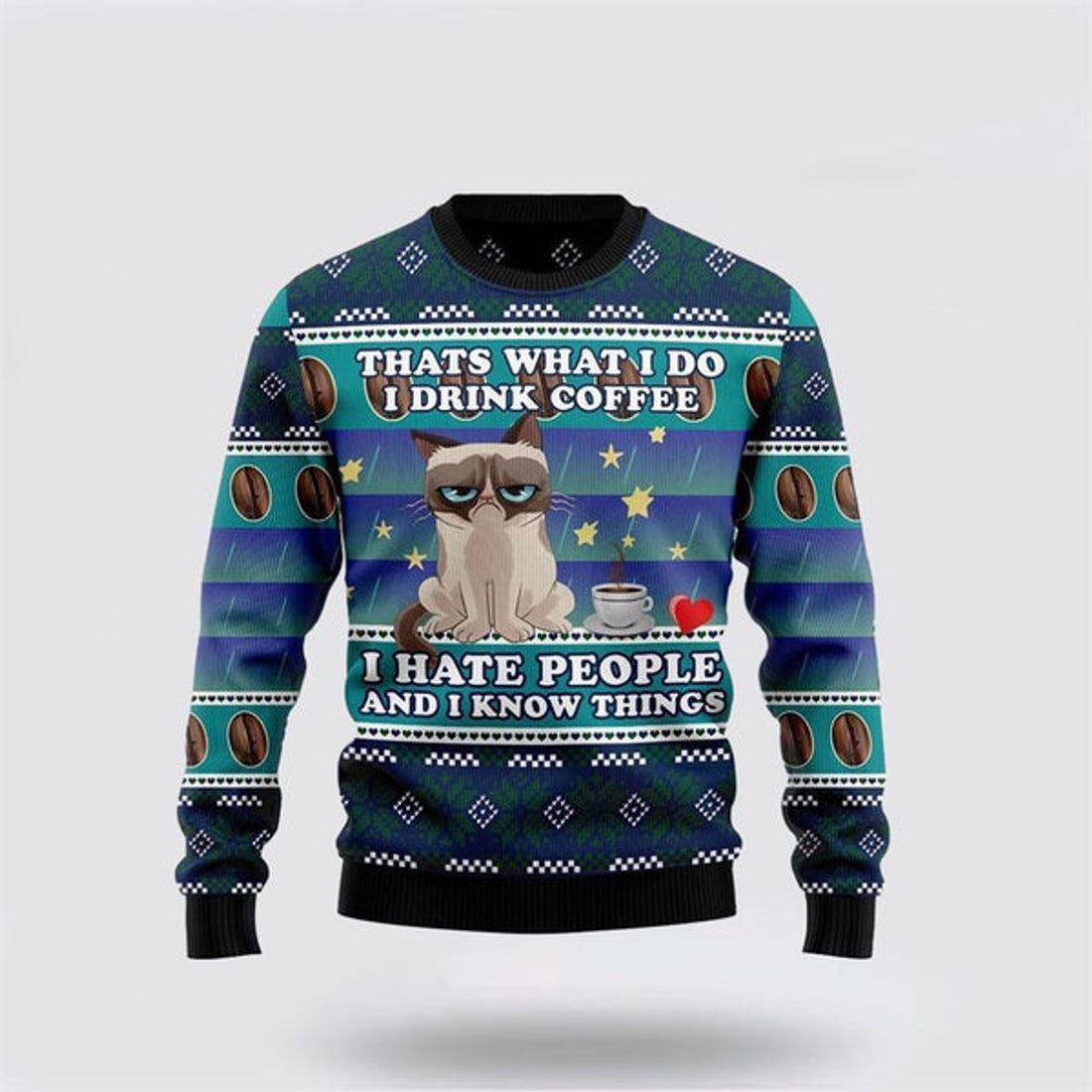 FUNSTUFFPRINT Grumpy Cat Coffee Funny Family Ugly Christmas Sweater For Men And Women, Best Gift For Christmas, Christmas Fashion Winter  Ugly  Sweater